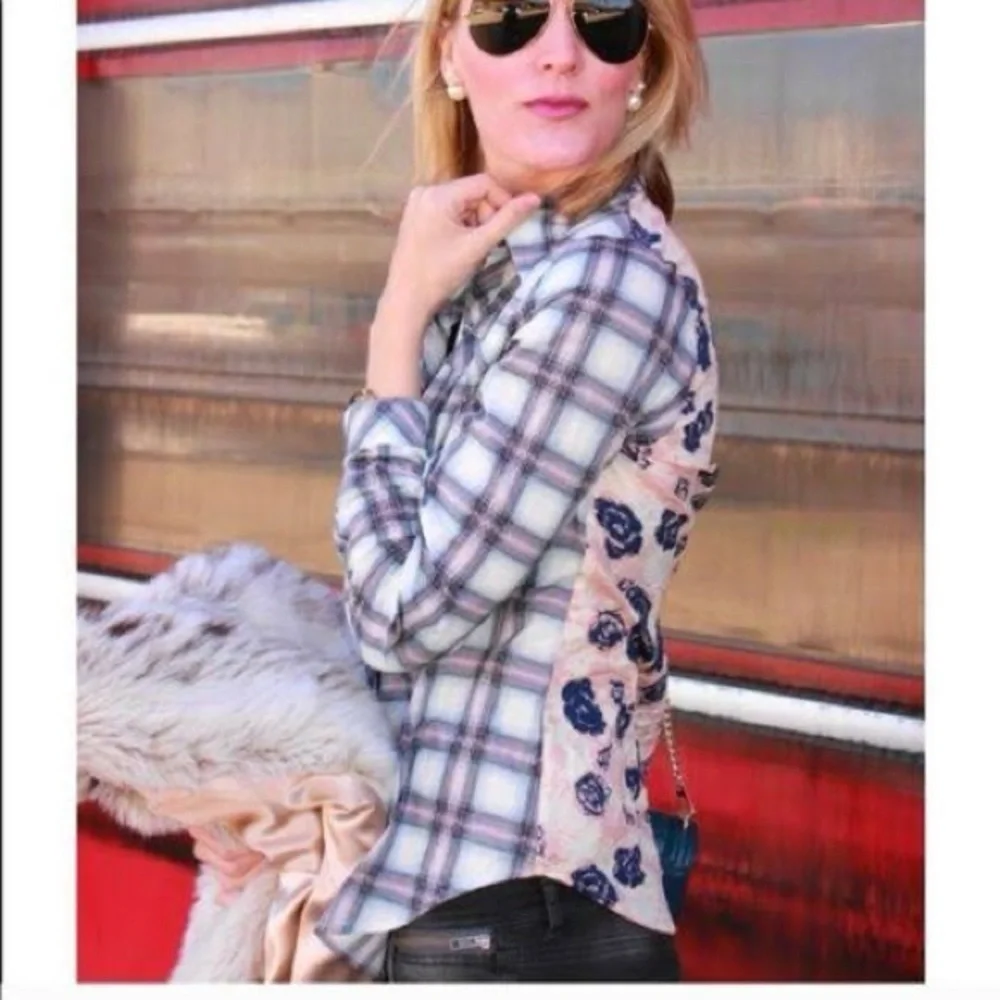 2 FOR $20 Cabi Plaid Floral Back Button Front Long Sleeve Shirt Blouse Top S - Picture 1 of 8